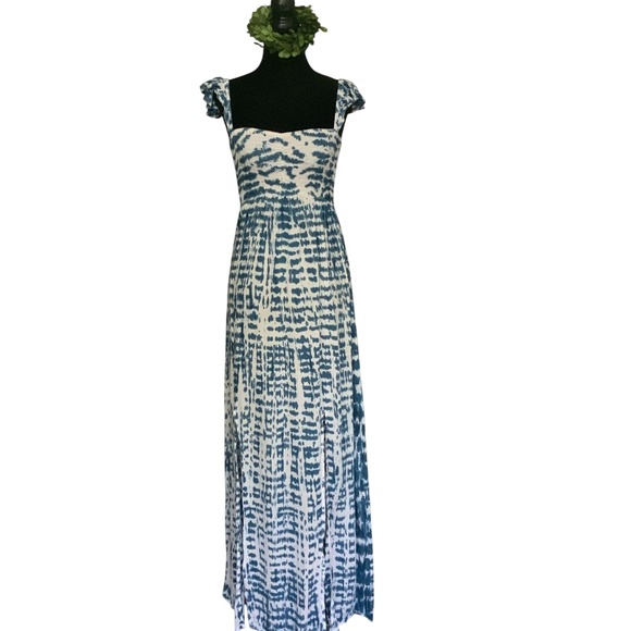 Tiara Hawaii Hollie Off Shoulder Tie Dye Blue White Hand Made Maxi Dress OS - Picture 2 of 9
